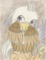 Size: 1741x2252 | Tagged: safe, artist:cindertale, oc, oc only, oc:silver quill, hippogriff, cute, frog (hoof), hippogriff oc, ocbetes, smiling, solo, traditional art, underhoof, wings