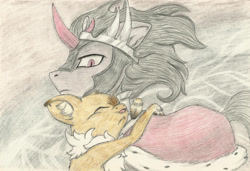 Size: 2961x2025 | Tagged: safe, artist:cindertale, king sombra, oc, oc:cinder, deer, pony, reindeer, unicorn, g4, bust, cape, clothes, duo, eyes closed, high res, horn, hug, male, smiling, stallion, traditional art