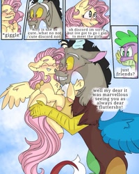 Size: 899x1123 | Tagged: safe, artist:cocolove2176, discord, fluttershy, spike, draconequus, dragon, pegasus, pony, comic:fluttering chaos, g4, blushing, comic, dialogue, female, flying, hug, male, mare, outdoors, ship:discoshy, shipping, smiling, straight