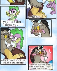 Size: 540x676 | Tagged: safe, artist:cocolove2176, discord, spike, draconequus, dragon, comic:fluttering chaos, g4, blushing, comic, crossed arms, dialogue, flying, implied discoshy, implied fluttershy, implied shipping, implied straight, male, outdoors, smiling