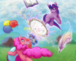 Size: 750x600 | Tagged: safe, artist:nepharus, pinkie pie, twilight sparkle, g4, 2012, balloon, book, party cannon, quill