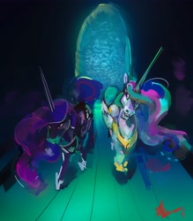 Size: 3588x4096 | Tagged: safe, artist:alumx, princess celestia, princess luna, alicorn, pony, g4, digital painting, duo, female, hoers, mare, perspective, siblings, sisters