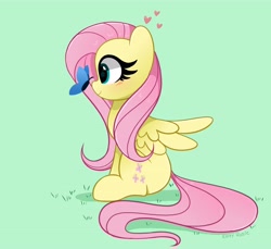 Size: 4096x3758 | Tagged: safe, artist:kittyrosie, fluttershy, butterfly, pegasus, pony, g4, blushing, butterfly on nose, cute, daaaaaaaaaaaw, female, heart, high res, insect on nose, looking at something, mare, profile, shyabetes, sitting, smiling, solo, spread wings, starry eyes, wingding eyes, wings