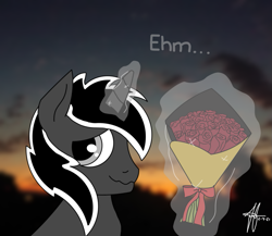 Size: 1245x1080 | Tagged: safe, artist:alexlobo70, oc, oc only, pony, unicorn, blurry background, bouquet, cloud, flirting, flower, glowing horn, horn, looking at you, magic, male, outdoors, real life background, rose, signature, sky, smiling, solo, stallion, sunset, wavy mouth