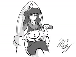 Size: 1280x960 | Tagged: safe, artist:foxcorn17, princess luna, human, g4, sparkle's seven, black and white, female, grayscale, humanized, luna petting goose, monochrome, petting, simple background, sitting, solo, throne, white background