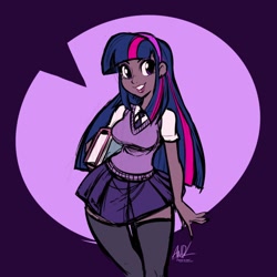 Size: 720x720 | Tagged: safe, artist:andrewdickman, part of a set, twilight sparkle, human, g4, book, breasts, busty twilight sparkle, clothes, dark skin, female, hairband, humanized, necktie, skirt, socks, solo, thigh highs, vest, video at source, wide hips, zettai ryouiki
