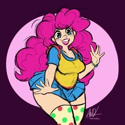 Size: 720x720 | Tagged: safe, artist:andrewdickman, part of a set, pinkie pie, human, g4, bracelet, breasts, busty pinkie pie, chubby, clothes, cute, diapinkes, female, freckles, happy, humanized, jewelry, polka dots, skirt, smiling, socks, solo, thigh highs, video at source, wide hips
