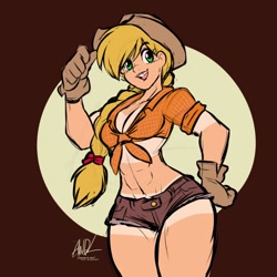 Size: 720x720 | Tagged: safe, artist:andrewdickman, part of a set, applejack, human, g4, abs, belly button, breasts, busty applejack, cleavage, clothes, daisy dukes, farmer's tan, female, front knot midriff, gloves, hat, humanized, midriff, shorts, solo, tan lines, video at source