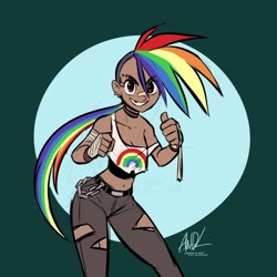 Size: 720x720 | Tagged: safe, artist:andrewdickman, part of a set, rainbow dash, human, g4, alternate hairstyle, bandage, bandaid on nose, belly button, choker, clothes, dark skin, ear piercing, earring, female, humanized, jewelry, midriff, pants, piercing, ponytail, sleeveless, solo, tank top, torn clothes, undercut, video at source