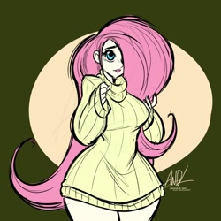 Size: 720x720 | Tagged: safe, artist:andrewdickman, part of a set, fluttershy, human, g4, breasts, busty fluttershy, clothes, female, hair over one eye, humanized, solo, sweater, sweater puppies, sweatershy, video at source, wide hips