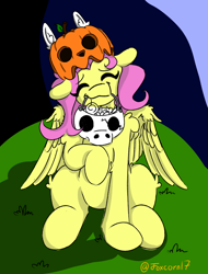 Size: 1080x1420 | Tagged: safe, artist:foxcorn17, fluttershy, pegasus, pony, g4, candy, candy pail, cute, eyes closed, female, food, halloween, happy, head tilt, holiday, jack-o-lantern, mare, mouth hold, outdoors, pumpkin, raised hoof, shyabetes, sitting, smiling, solo, wings