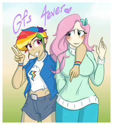 Size: 1280x1419 | Tagged: safe, artist:foxcorn17, fluttershy, rainbow dash, human, g4, arm around neck, big breasts, blushing, breasts, busty fluttershy, clothes, cutie mark, cutie mark on clothes, equestria girls outfit, female, humanized, lesbian, midriff, peace sign, ship:flutterdash, shipping, shirt, smiling, sweater