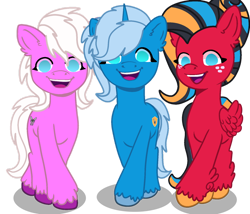Size: 1280x1094 | Tagged: safe, artist:small-brooke1998, earth pony, pegasus, pony, unicorn, g5, arcee, chromia, no pupils, open mouth, open smile, ponified, smiling, trace, transformers, windblade