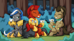 Size: 2560x1440 | Tagged: safe, artist:mysticalpha, doctor whooves, time turner, oc, oc:captain sunride, oc:cloud zapper, earth pony, pegasus, pony, g4, armor, cup, doctor who, food, forest, male, pegasus oc, royal guard, royal guard armor, royal guard oc, stallion, tea, teacup, the doctor, tree