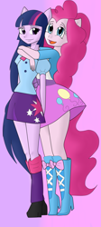 Size: 1103x2473 | Tagged: safe, artist:muchigirl, pinkie pie, twilight sparkle, human, equestria girls, g4, boots, clothes, duo, female, hug, hug from behind, lesbian, open mouth, open smile, ponied up, pony ears, ship:twinkie, shipping, shoes, simple background, skirt, smiling