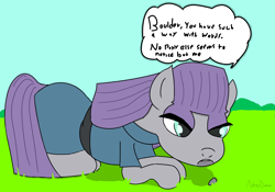 Size: 3500x2450 | Tagged: safe, artist:nazodafist, boulder (g4), maud pie, earth pony, pony, g4, high res, lying down, rock, text