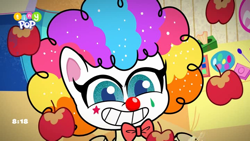 Size: 1024x576 | Tagged: safe, screencap, fluttershy, pegasus, pony, g4.5, lolly-pop, my little pony: pony life, spoiler:pony life s02e19, apple, clown, clown makeup, clown nose, clown wig, female, flutterclown, food, gritted teeth, juggling, red nose, solo, teeth