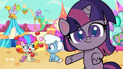 Size: 1024x576 | Tagged: safe, screencap, fluttershy, twilight sparkle, alicorn, pegasus, pony, g4.5, lolly-pop, my little pony: pony life, spoiler:pony life s02e19, background pony, bipedal, breaking the fourth wall, clown, clown makeup, clown nose, clown wig, cute, female, flutterclown, male, pointing, red nose, trio, twiabetes, unnamed character, unnamed pony, up closed