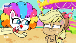 Size: 1024x576 | Tagged: safe, screencap, applejack, fluttershy, earth pony, pegasus, pony, g4.5, lolly-pop, my little pony: pony life, applejack's hat, clown, clown makeup, clown nose, clown wig, cowboy hat, duo, duo female, female, flutterclown, hat, nervous, red nose, wavy mouth