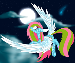 Size: 2668x2247 | Tagged: safe, artist:mediasmile666, oc, oc only, oc:media smile, pegasus, pony, cloud, female, flying, full moon, high res, mare, moon, sky, solo, starry night
