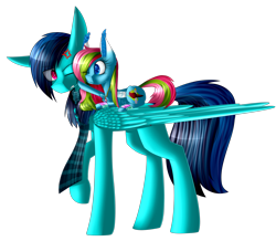 Size: 2624x2286 | Tagged: safe, artist:mediasmile666, oc, oc only, oc:media smile, pegasus, pony, clothes, duo, female, high res, mare, ponies riding ponies, raised hoof, riding, scarf, simple background, transparent background, vein bulge