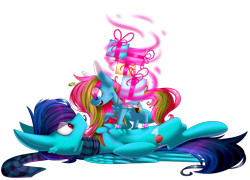 Size: 2888x2077 | Tagged: safe, artist:mediasmile666, oc, oc only, oc:media smile, oc:vynil rc, pegasus, pony, birthday, birthday gift, clothes, duo, female, high res, jewelry, looking at each other, male, mare, pendant, present, scarf, simple background, smiling, stallion, transparent background