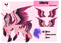 Size: 1920x1358 | Tagged: safe, artist:oneiria-fylakas, oc, oc only, oc:liberty, alicorn, pony, colored wings, feathered fetlocks, female, gradient wings, mare, multicolored wings, reference sheet, solo, tail feathers, wings