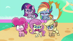 Size: 1920x1080 | Tagged: safe, screencap, applejack, fluttershy, pinkie pie, rainbow dash, twilight sparkle, alicorn, earth pony, pegasus, pony, g4.5, my little pony: pony life, what goes updo, spoiler:pony life s02e17, :3, applejack's hat, bedroom eyes, cowboy hat, excited, flying, gritted teeth, hat, open mouth, shocked, teeth, twilight sparkle (alicorn), varying degrees of want