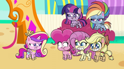 Size: 1920x1080 | Tagged: safe, screencap, applejack, fluttershy, pinkie pie, princess cadance, rainbow dash, twilight sparkle, alicorn, earth pony, pegasus, pony, g4, g4.5, my little pony: pony life, what goes updo, spoiler:pony life s02e17, :3, applejack's hat, bedroom eyes, cowboy hat, crown, excited, flying, gritted teeth, hat, jewelry, regalia, shocked, teeth, twilight sparkle (alicorn), wavy mouth