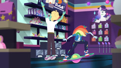 Size: 3410x1920 | Tagged: safe, screencap, rainbow dash, zephyr breeze, human, pony, dashing through the mall, equestria girls, equestria girls specials, g4, my little pony equestria girls: better together, my little pony equestria girls: holidays unwrapped, clothes, converse, cutie mark, cutie mark on clothes, faceless female, faceless male, female, geode of super speed, hat, hoodie, jewelry, magical geodes, male, necklace, no socks, offscreen character, shoes