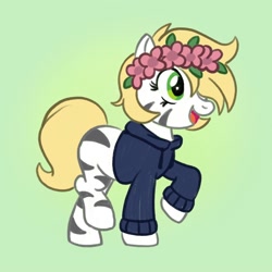 Size: 2000x2000 | Tagged: safe, artist:mediocremare, oc, oc only, oc:cherry fizz, hybrid, pony, zebra, zony, clothes, eyelashes, female, floral head wreath, flower, green background, high res, hoodie, mare, open mouth, raised hoof, simple background, solo, zebra oc