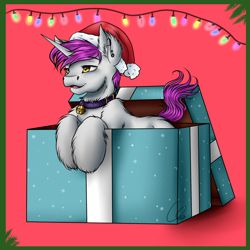 Size: 1296x1296 | Tagged: safe, artist:crazyaniknowit, oc, oc only, pony, unicorn, christmas, female, hat, holiday, mare, present, santa hat, solo