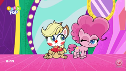 Size: 853x480 | Tagged: safe, screencap, applejack, pinkie pie, earth pony, pony, g4.5, lolly-pop, my little pony: pony life, spoiler:pony life s02e19, apple, clown, clown makeup, clown nose, duo, duo female, female, food, mirror, one eye closed, red nose, sitting, smug, wink
