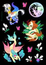 Size: 640x905 | Tagged: safe, artist:dany-the-hell-fox, autumn blaze, princess skystar, zecora, butterfly, kirin, parasprite, seapony (g4), zebra, g4, my little pony: the movie, bioluminescent, bubble, dorsal fin, eyes closed, fin, fin wings, fins, fish tail, flower, flower in hair, flowing mane, flowing tail, fruit stripe, glowing, mare in the moon, moon, mushroom, ocean, potion, scales, smiling, sticker design, swimming, tail, underwater, water, wings