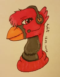 Size: 1458x1882 | Tagged: safe, artist:agdapl, griffon, clothes, crossover, griffonized, headset, rule 63, scout (tf2), signature, smiling, solo, species swap, team fortress 2, traditional art