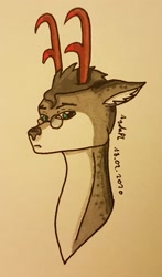 Size: 1433x2437 | Tagged: safe, artist:agdapl, deer, antlers, bust, crossover, glasses, male, medic, medic (tf2), signature, smiling, solo, species swap, team fortress 2, traditional art