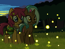 Size: 800x600 | Tagged: safe, artist:rangelost, oc, oc only, oc:crystal charm, oc:trailblazer, earth pony, firefly (insect), insect, pony, unicorn, cyoa:d20 pony, cloud, duo, female, forest, grass, mare, night, outdoors, pixel art, sky, standing