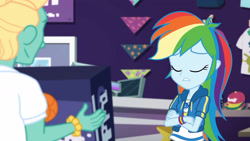 Size: 3410x1920 | Tagged: safe, screencap, rainbow dash, zephyr breeze, dashing through the mall, equestria girls, equestria girls series, holidays unwrapped, spoiler:eqg series (season 2), clothes, crossed arms, cutie mark, cutie mark on clothes, eyes closed, female, geode of super speed, hoodie, jewelry, magical geodes, male, necklace