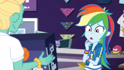 Size: 3410x1920 | Tagged: safe, screencap, rainbow dash, zephyr breeze, dashing through the mall, equestria girls, equestria girls specials, g4, my little pony equestria girls: better together, my little pony equestria girls: holidays unwrapped, clothes, cutie mark, cutie mark on clothes, female, geode of super speed, hoodie, jewelry, magical geodes, male, necklace, open mouth