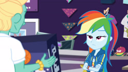 Size: 3410x1920 | Tagged: safe, screencap, rainbow dash, zephyr breeze, dashing through the mall, equestria girls, equestria girls series, holidays unwrapped, spoiler:eqg series (season 2), clothes, crossed arms, cutie mark, cutie mark on clothes, female, geode of super speed, hoodie, jewelry, magical geodes, male, necklace, rainbow dash is not amused, unamused