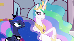 Size: 1920x1080 | Tagged: safe, screencap, princess celestia, princess luna, alicorn, pony, g4, shadow play, crown, female, hoof shoes, jewelry, mare, regalia, royal sisters, siblings, sisters