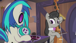 Size: 1920x1080 | Tagged: safe, screencap, dj pon-3, octavia melody, vinyl scratch, earth pony, pony, unicorn, g4, season 5, slice of life (episode), bow (instrument), cello, female, headphones, mare, musical instrument