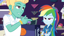 Size: 3410x1920 | Tagged: safe, screencap, rainbow dash, zephyr breeze, dashing through the mall, equestria girls, equestria girls series, holidays unwrapped, spoiler:eqg series (season 2), clothes, crossed arms, cutie mark, cutie mark on clothes, female, geode of super speed, hoodie, jewelry, magical geodes, male, necklace, rainbow dash is not amused, unamused