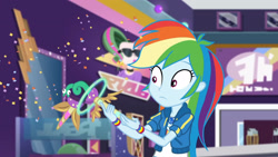 Size: 3410x1920 | Tagged: safe, screencap, rainbow dash, dashing through the mall, equestria girls, equestria girls specials, g4, my little pony equestria girls: better together, my little pony equestria girls: holidays unwrapped, clothes, cutie mark, cutie mark on clothes, female, geode of super speed, hoodie, jewelry, magical geodes, necklace, solo