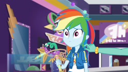 Size: 3410x1920 | Tagged: safe, screencap, rainbow dash, zephyr breeze, dashing through the mall, equestria girls, equestria girls specials, g4, my little pony equestria girls: better together, my little pony equestria girls: holidays unwrapped, clothes, cutie mark, cutie mark on clothes, female, geode of super speed, hoodie, jewelry, magical geodes, male, necklace, offscreen character