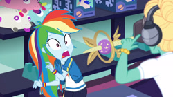 Size: 3410x1920 | Tagged: safe, screencap, rainbow dash, zephyr breeze, dashing through the mall, equestria girls, equestria girls series, g4, holidays unwrapped, spoiler:eqg series (season 2), clothes, cutie mark, cutie mark on clothes, female, geode of super speed, hoodie, jewelry, magical geodes, male, necklace, open mouth