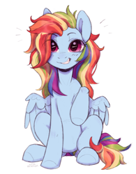 Size: 3119x4000 | Tagged: safe, artist:cherry_kotya, rainbow dash, pegasus, pony, g4, alternate hairstyle, belly, blushing, cute, dashabetes, female, grin, high res, long hair, long mane, looking at you, mare, partially open wings, signature, simple background, sitting, smiling, smiling at you, solo, sternocleidomastoid, white background, wings