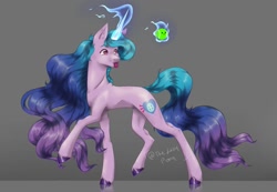 Size: 1243x858 | Tagged: safe, artist:thelazyponyy, izzy moonbow, pony, unicorn, g5, ball, ear fluff, female, glowing horn, horn, izzy's tennis ball, looking back, magic, mare, raised hoof, signature, solo, telekinesis, tennis ball, tongue out, unshorn fetlocks