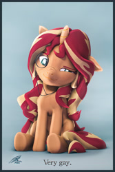 Size: 3600x5400 | Tagged: safe, artist:imafutureguitarhero, sunset shimmer, pony, unicorn, g4, 3d, absurd resolution, alternate mane, arm freckles, behaving like a cat, border, cheek fluff, chest freckles, chin fluff, chromatic aberration, colored eyebrows, colored eyelashes, cute, ear fluff, female, film grain, floppy ears, fluffy, freckles, fur, horn, inspired by another artist, louis wain, mare, monocle, multicolored hair, multicolored mane, multicolored tail, nose wrinkle, peppered bacon, recreation, revamped ponies, shimmerbetes, signature, sitting, smiling, smug, smugset shimmer, solo, source filmmaker, text