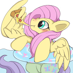 Size: 768x768 | Tagged: safe, artist:utoimohu, fluttershy, pegasus, pony, g4, blushing, cute, eating, female, floating, food, inner tube, mare, partially submerged, pixiv, shyabetes, slice of pizza, solo, tomato, underwater, water, wing hands, wings